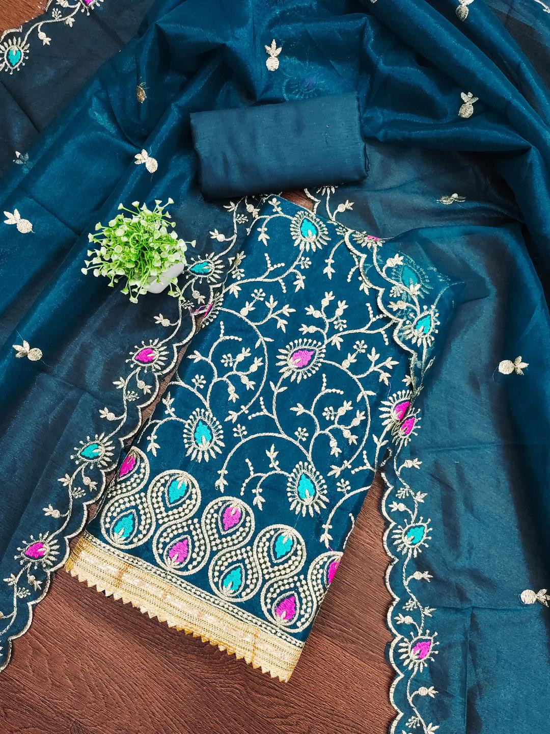 Kalini Women Teal Blue Twill Silk Embroidery Unstitched Dress Material with Dupatta