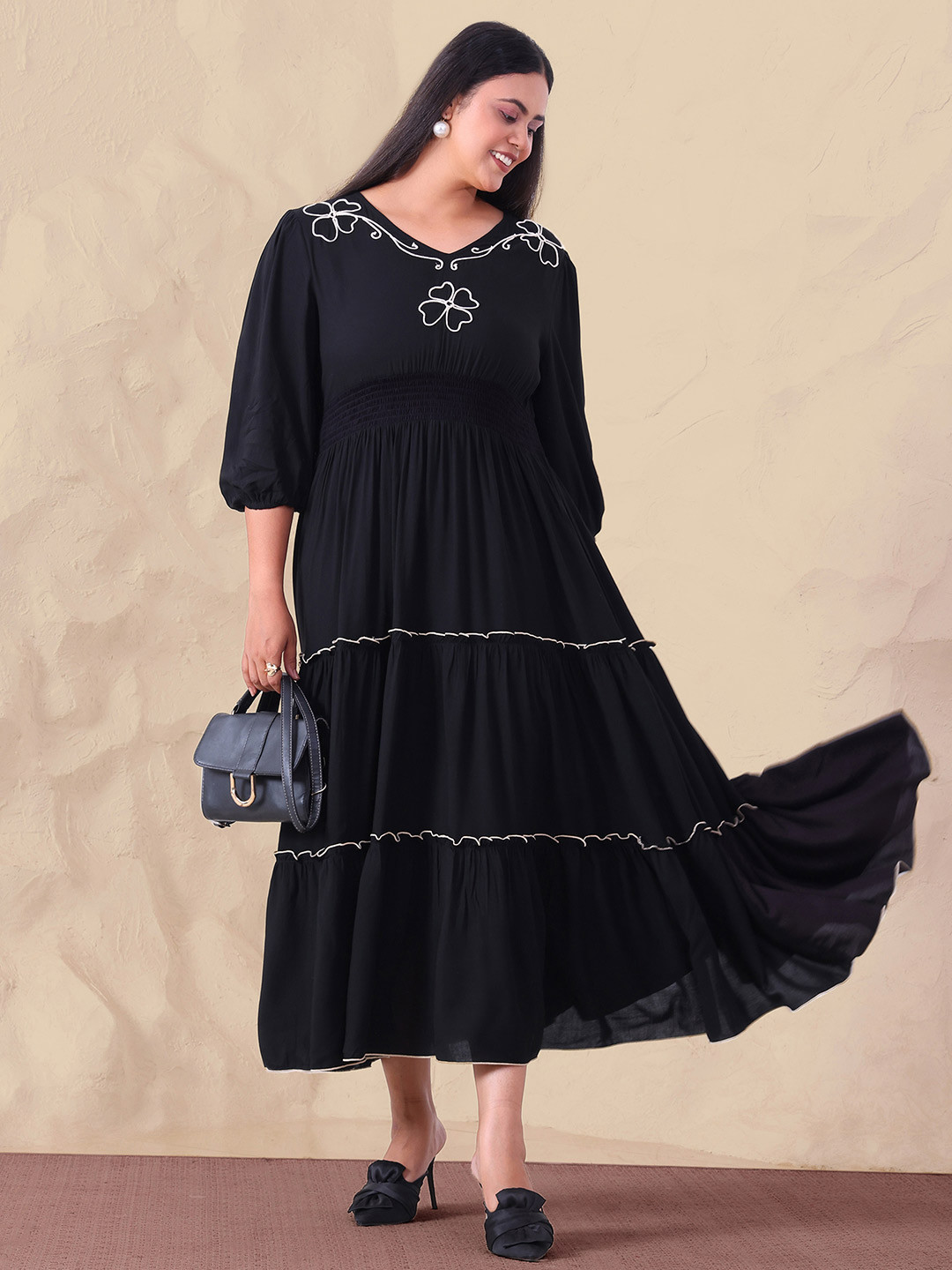 DEEBACO Floral Embroidered Monochrome Tiered Smocked Plus Size Fit & Flare Midi Dress