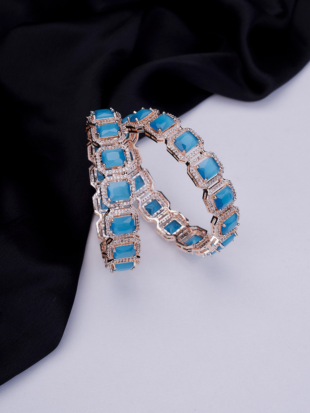 Opal Touch Set Of 2 Rose Gold-Plated Divine Rectangle American Diamond Studded Bangles