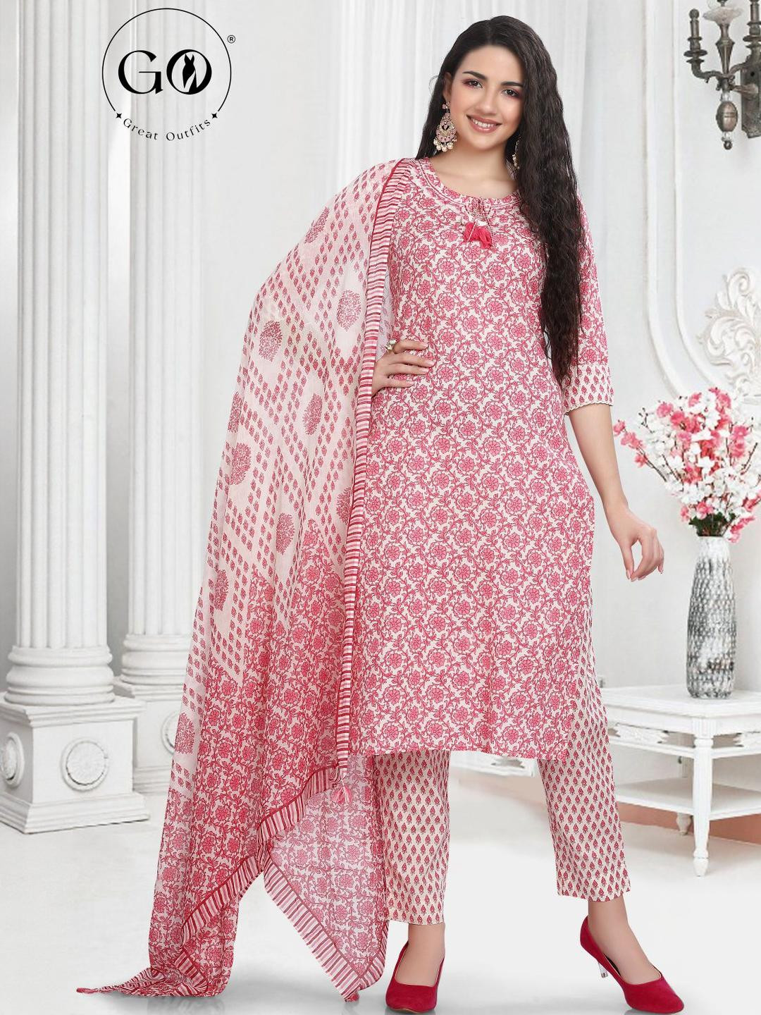 GREAT OUTFITS Women Pure Cotton Floral and Block Print Kurta Set