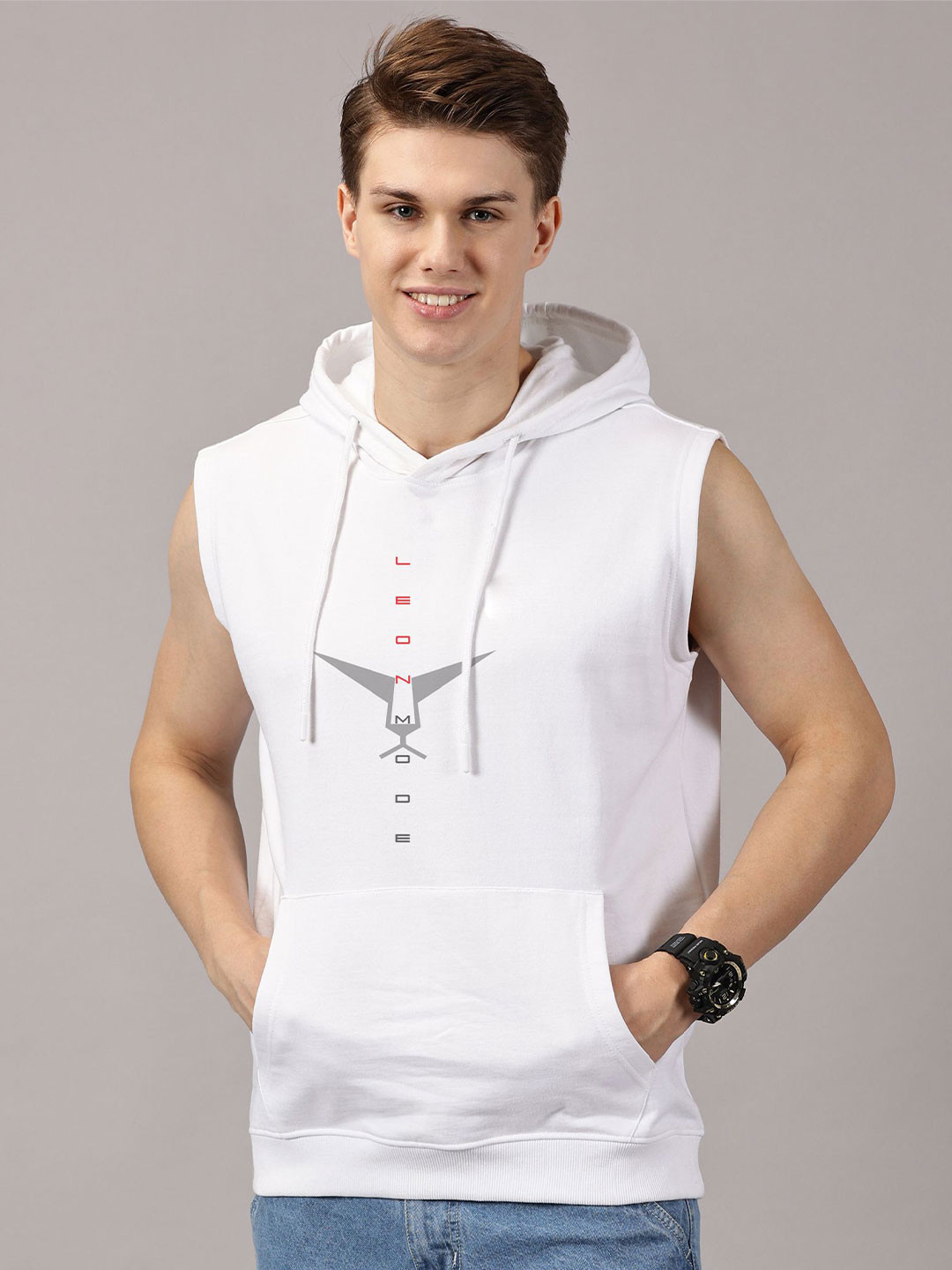 LEON Mode Men Typography Hooded Sleeveless Sweatshirt