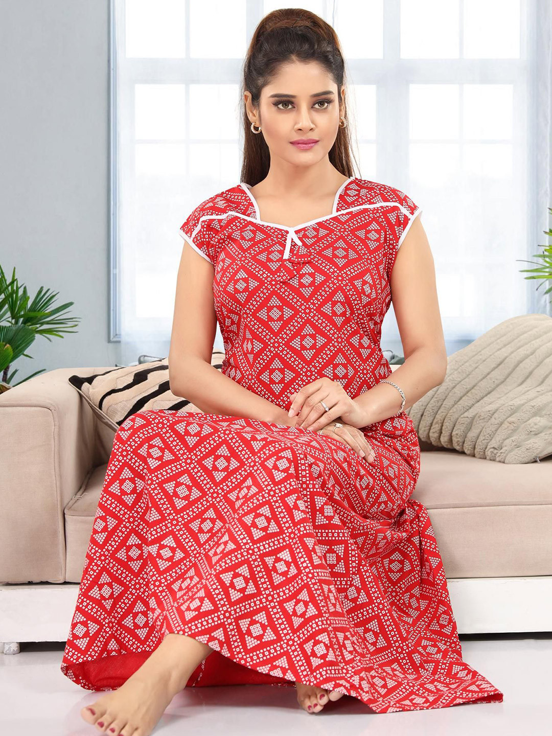 NIGHTY KING Bandhani Printed Short Sleeves Pure Cotton Maxi Nightdress