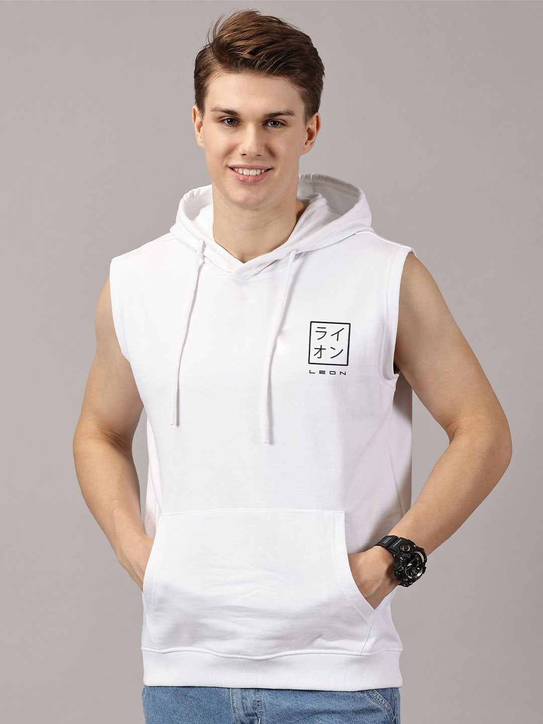 LEON Men Printed Hooded Sleeveless Pullover Sweatshirt