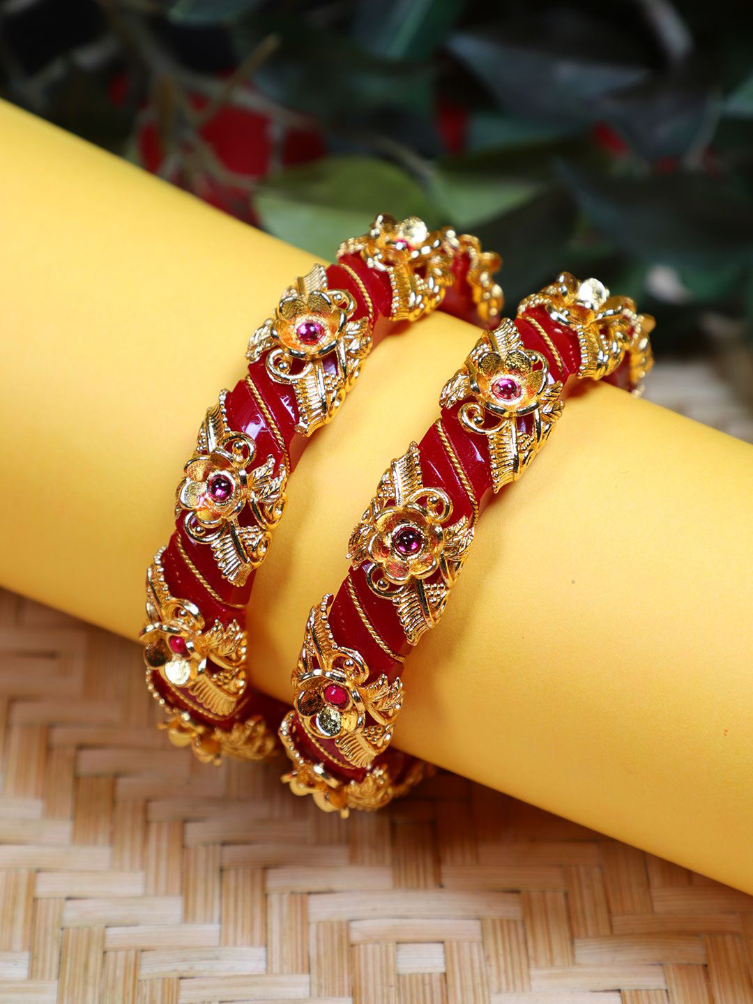FIROZA Set Of 2 Gold-Plated Artificial Stones-Studded Pola Bangles