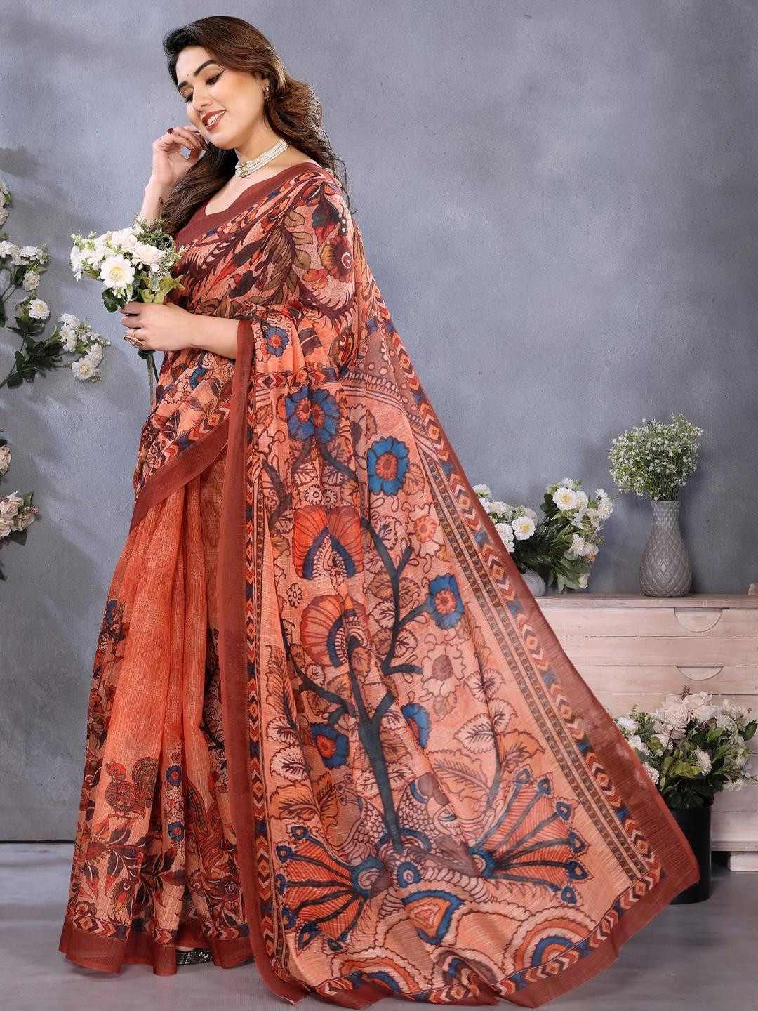 vj fashion Women Bagh Print Linen Blend Saree