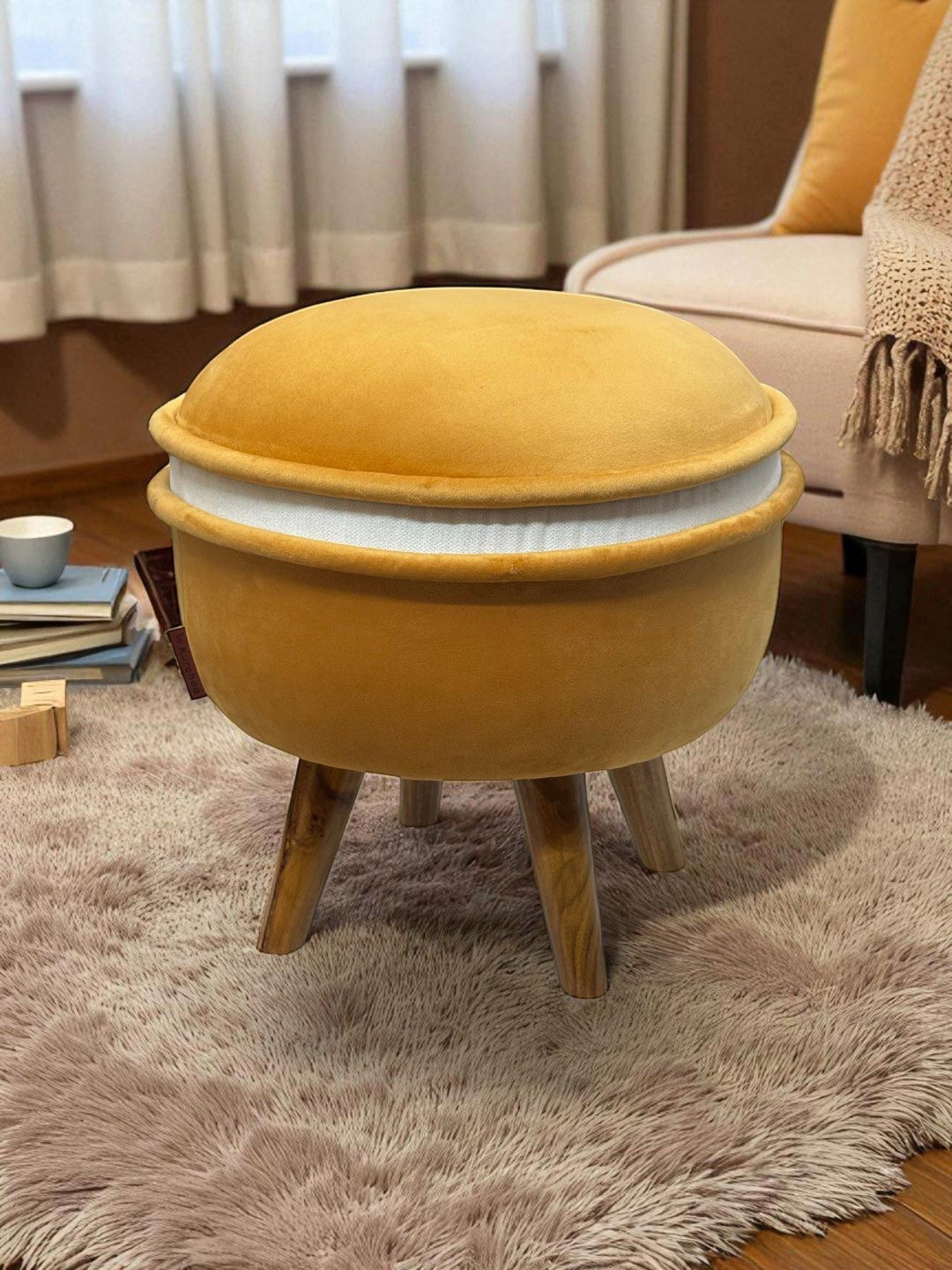 KURCHEE Yellow Wooden Macro Round Ottomans