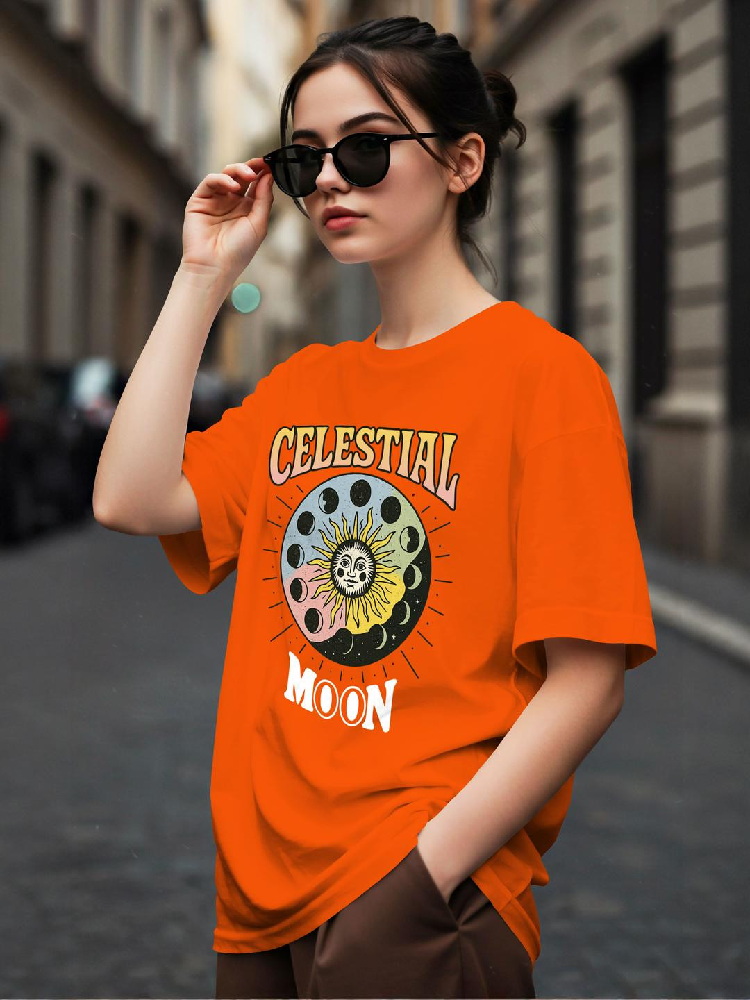 Dagcros Kids Girls Orange Printed Oversized T-shirt