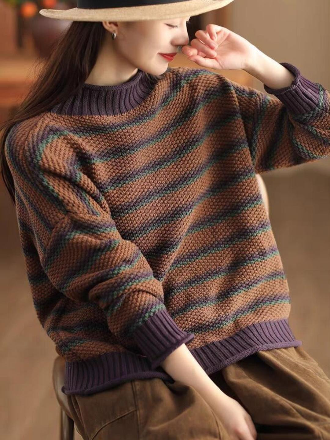 HERE&NOW Women Striped Relaxed Fit Mock Neck Sweater