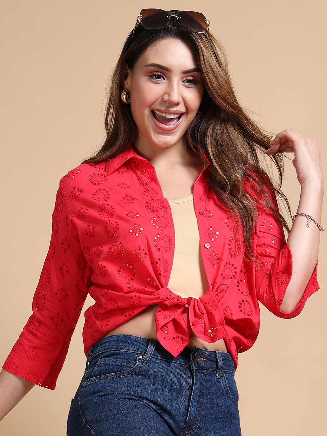 Glam & Chique Women Oversized Cotton Eyelet Shiffli Embroidered Shirt