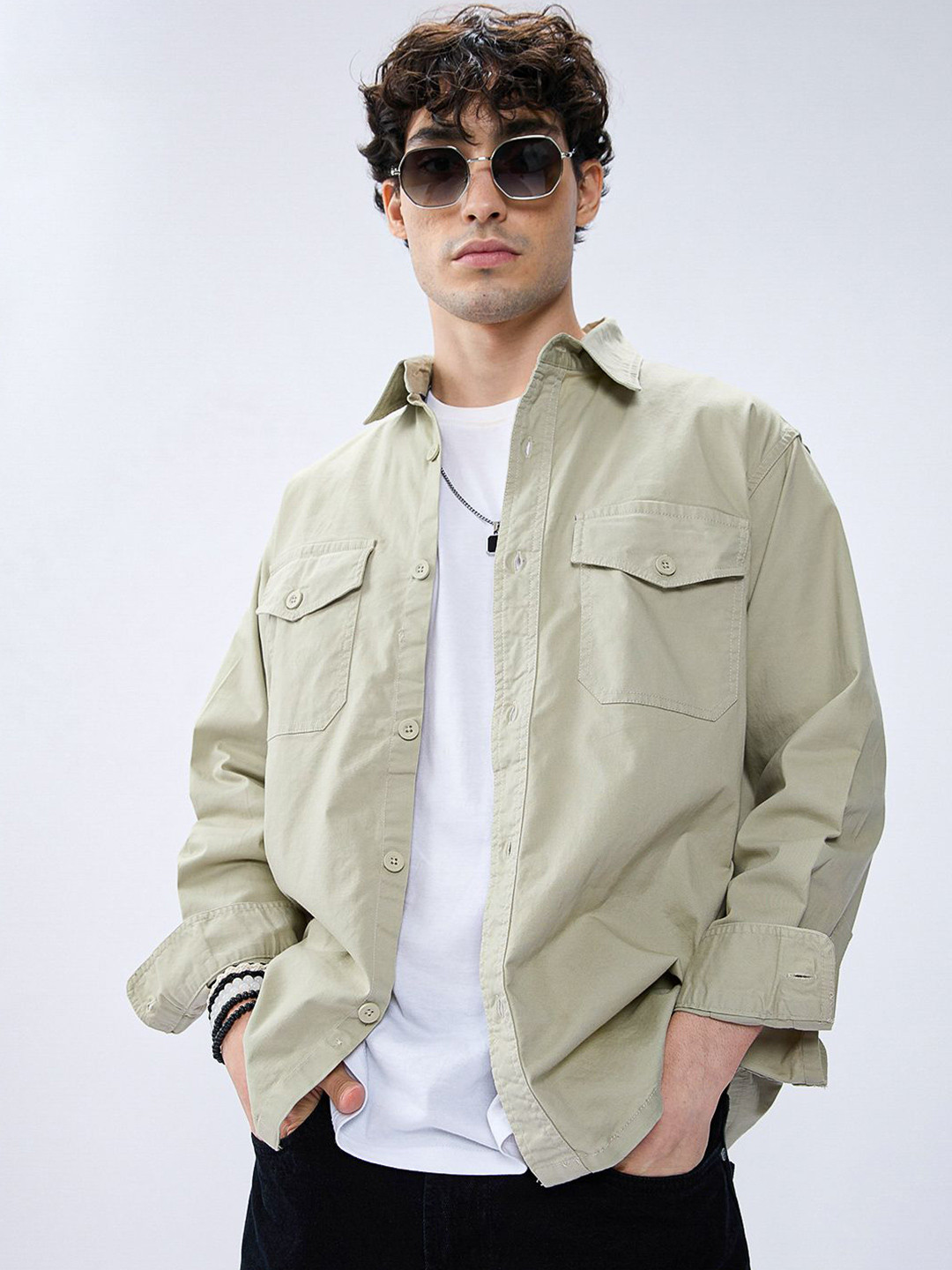 VASTRADO Men Solid Super Soft Double Pocket Cotton Overshirt Shacket