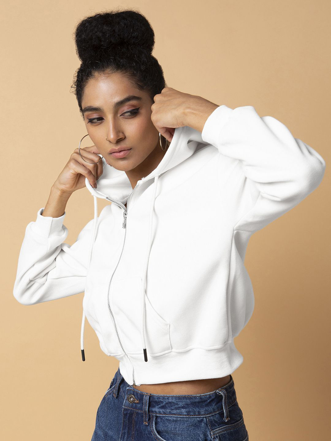 SHOWOFFFF Women Cotton Hoodie with Zip Crop Sweatshirt