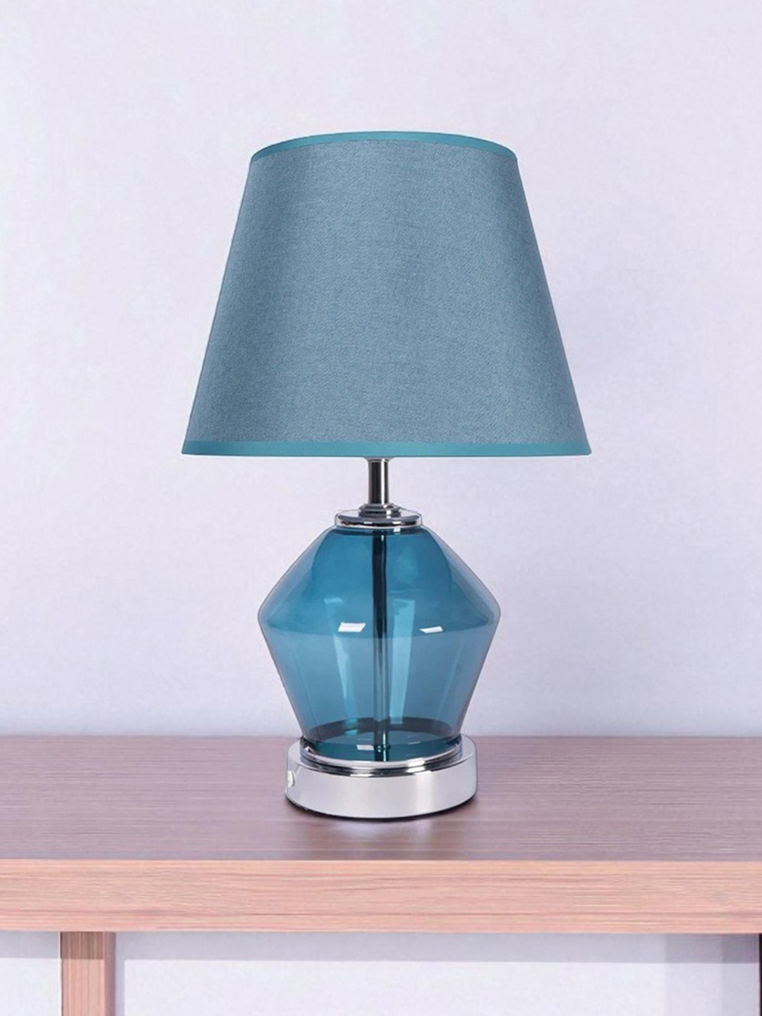 AARVI DECOR Blue Glass Table Lamp with Metal Base and Fabric Shade  Elegant Modern Design