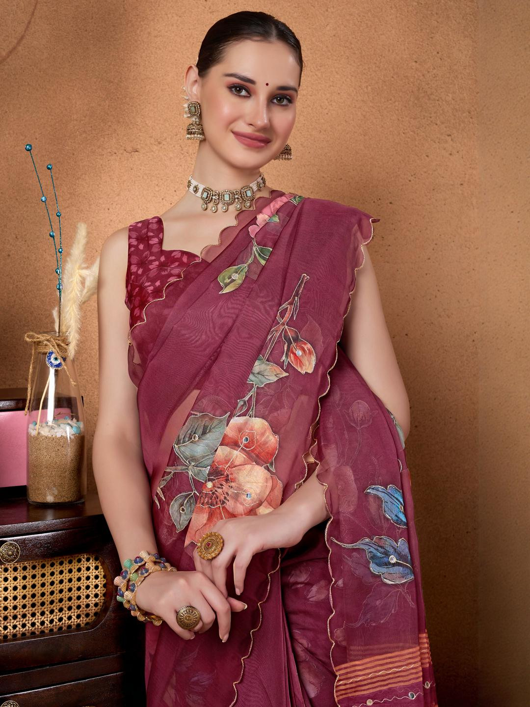 RACHNA Purple Floral Printed Cutwork Organza Ready to Wear Saree