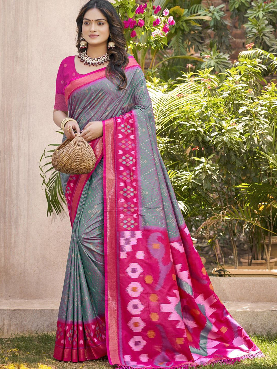 LeeliPeeri Designer Geometric Embroidered Pochampally Silk Saree With Unstitched Blouse