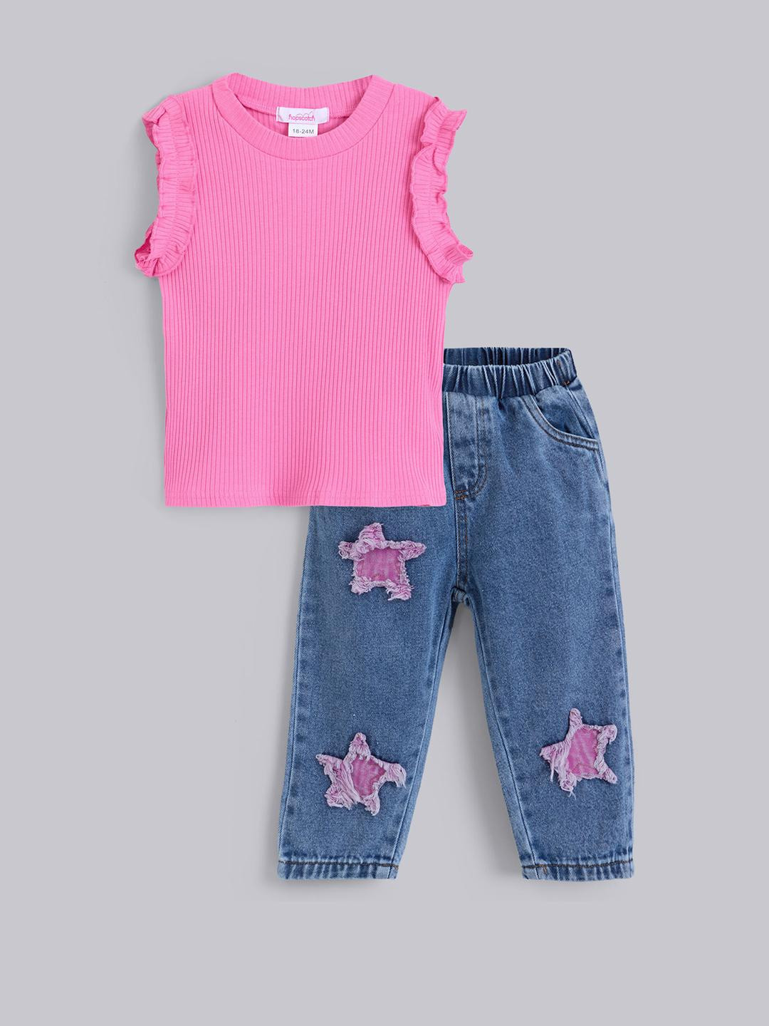 2-Pc Ruffle Embellished Tank Top & Denim Jeans