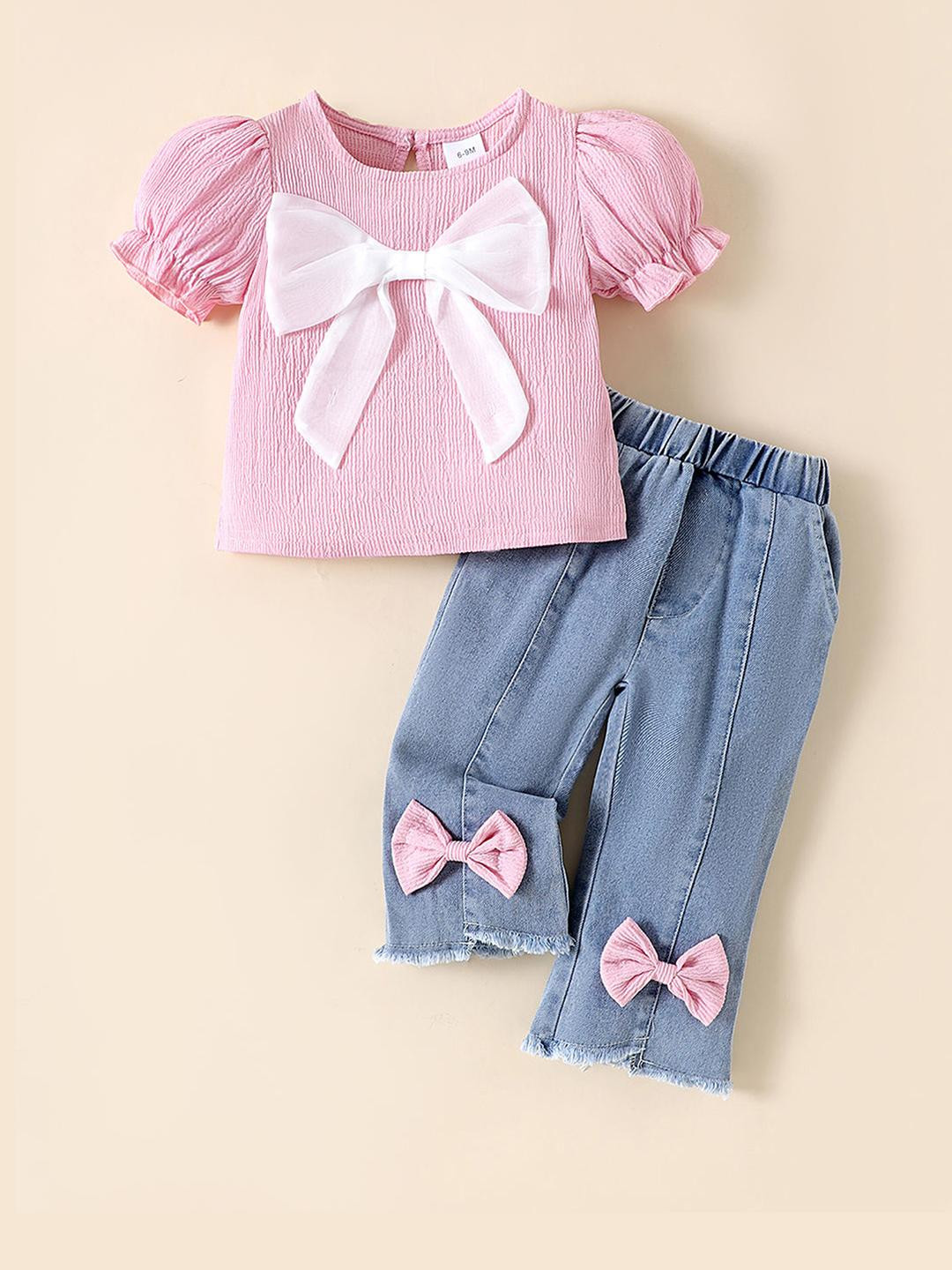 2-Pc Oversized Bow Textured Blouse & Jeans