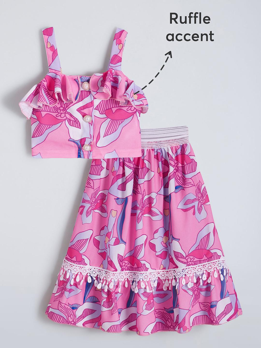 2-Pc Floral Ruffled Blouse & Skirt