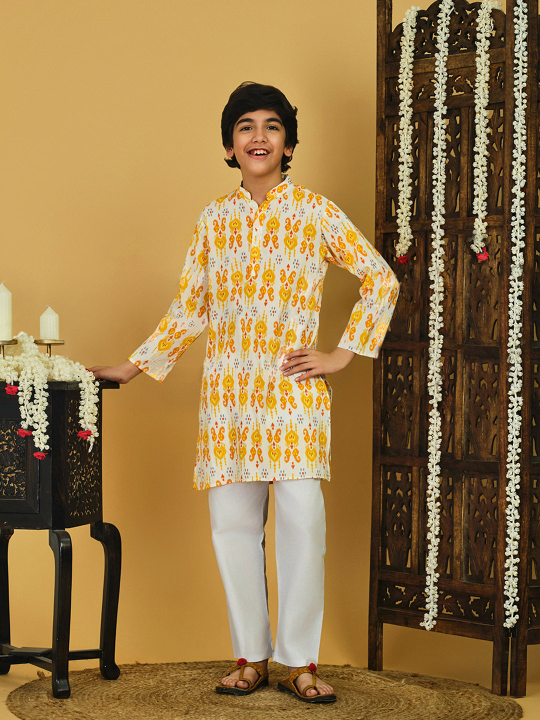 YK X Trampoline Boys Woven Cotton Long Sleeves Geometric Printed Kurta Pyjama Set