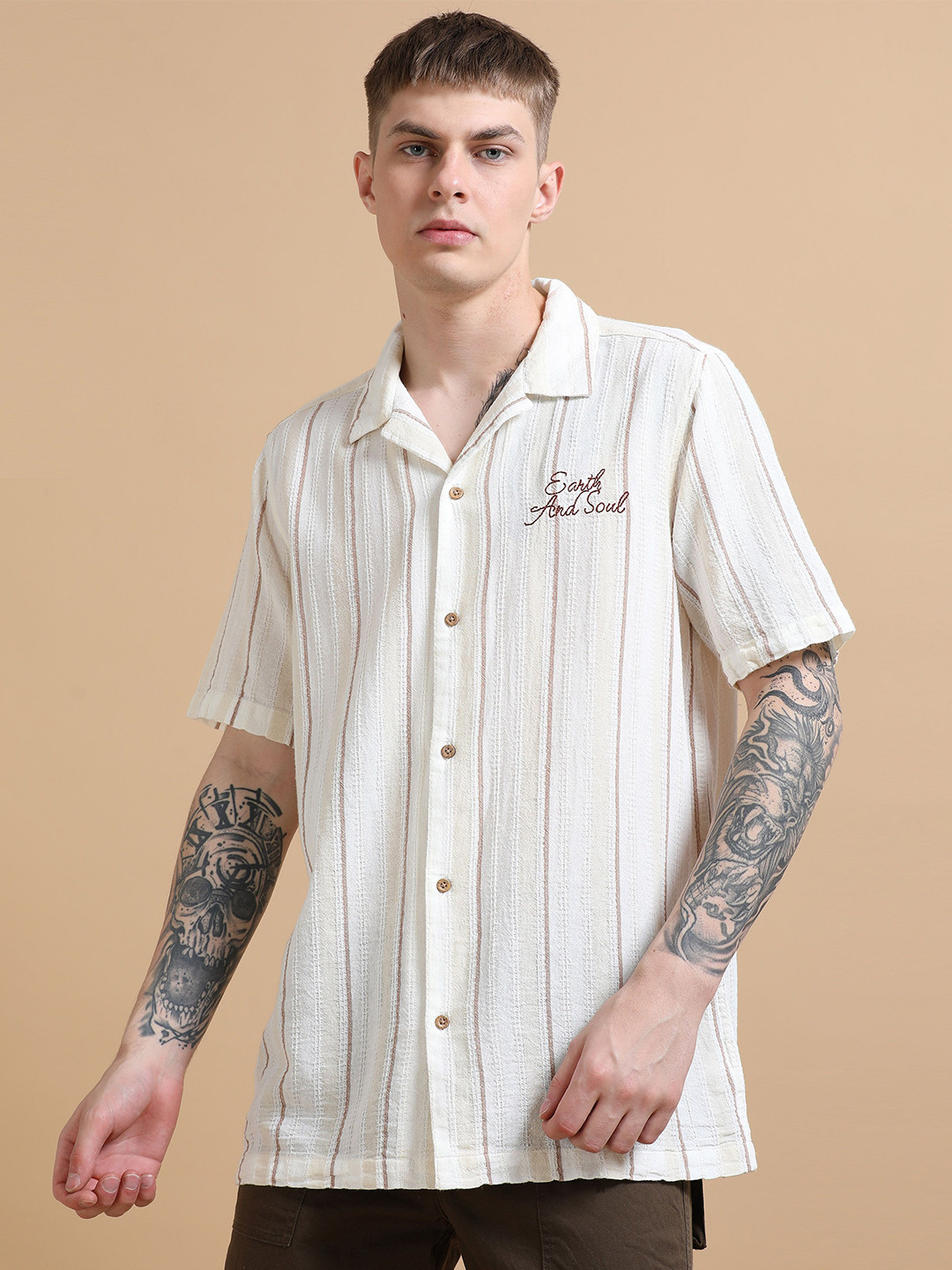 StitchX Men's Half Sleeve Textured Chest Embroidery Striped Cotton Shirt