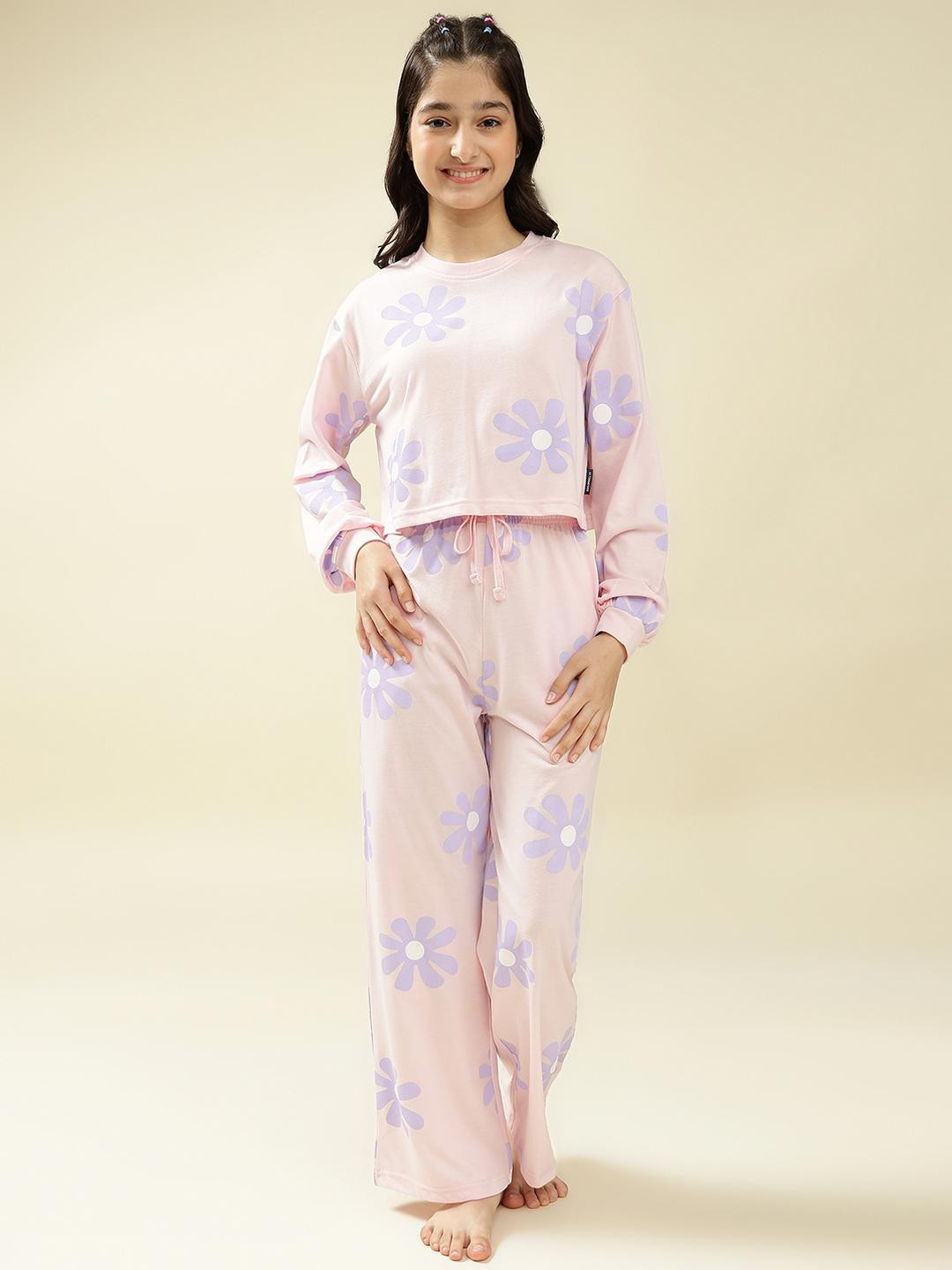 Lil Tomatoes Girls Pink & Purple Pure Cotton Floral Print Night Suit