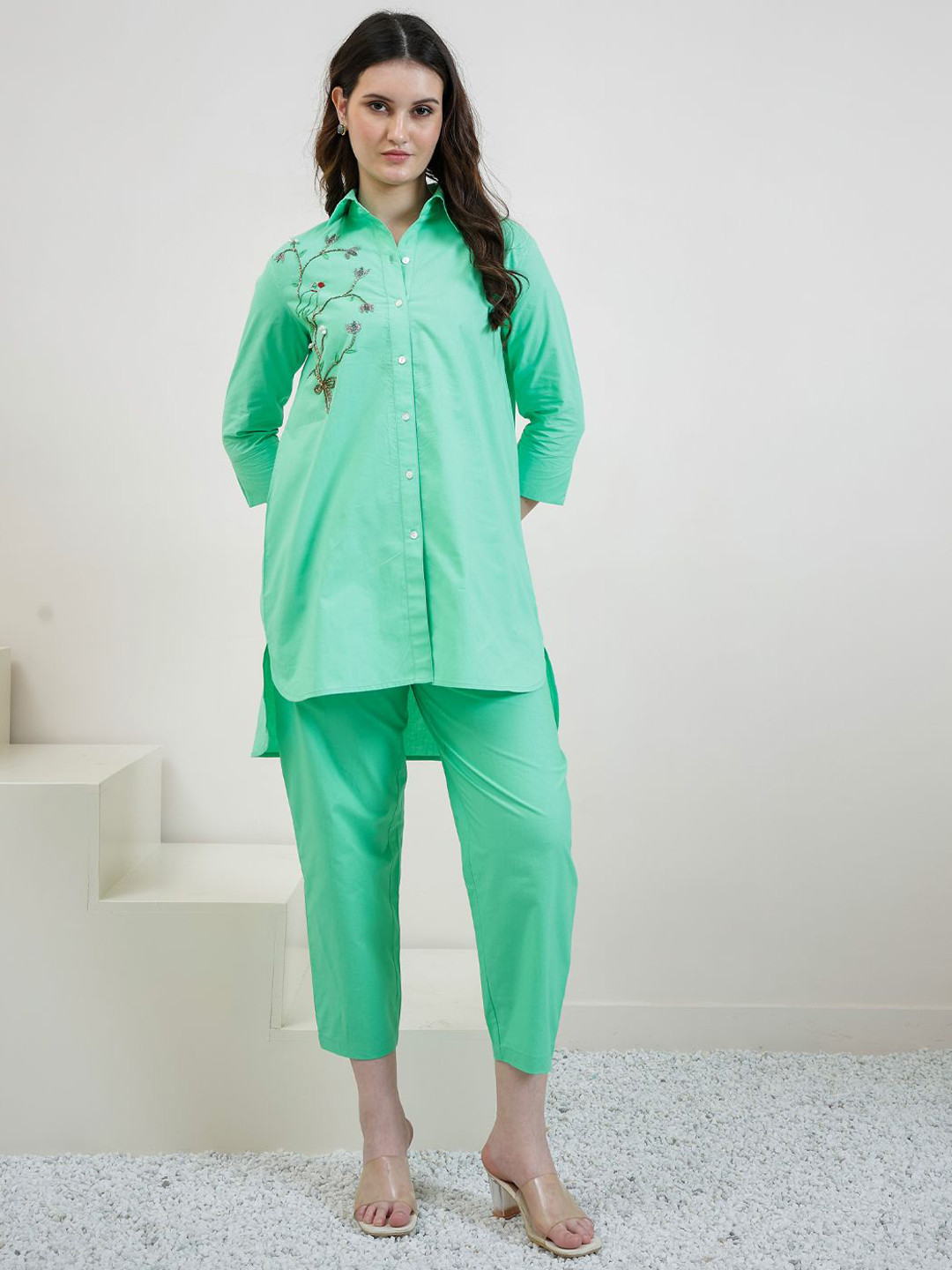 Athena Women Embroidered Angrakha Gotta Patti Pure Cotton Kurta with Trousers