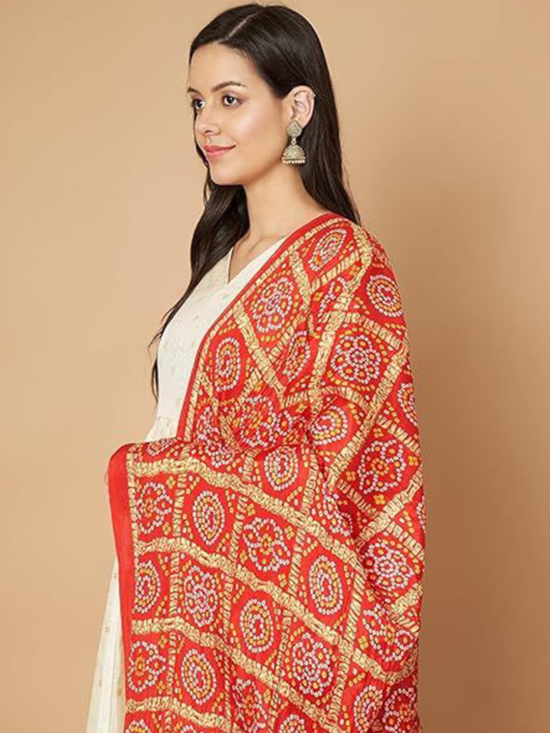 AKSHADEEP Bandhani Printed Zari Dupatta