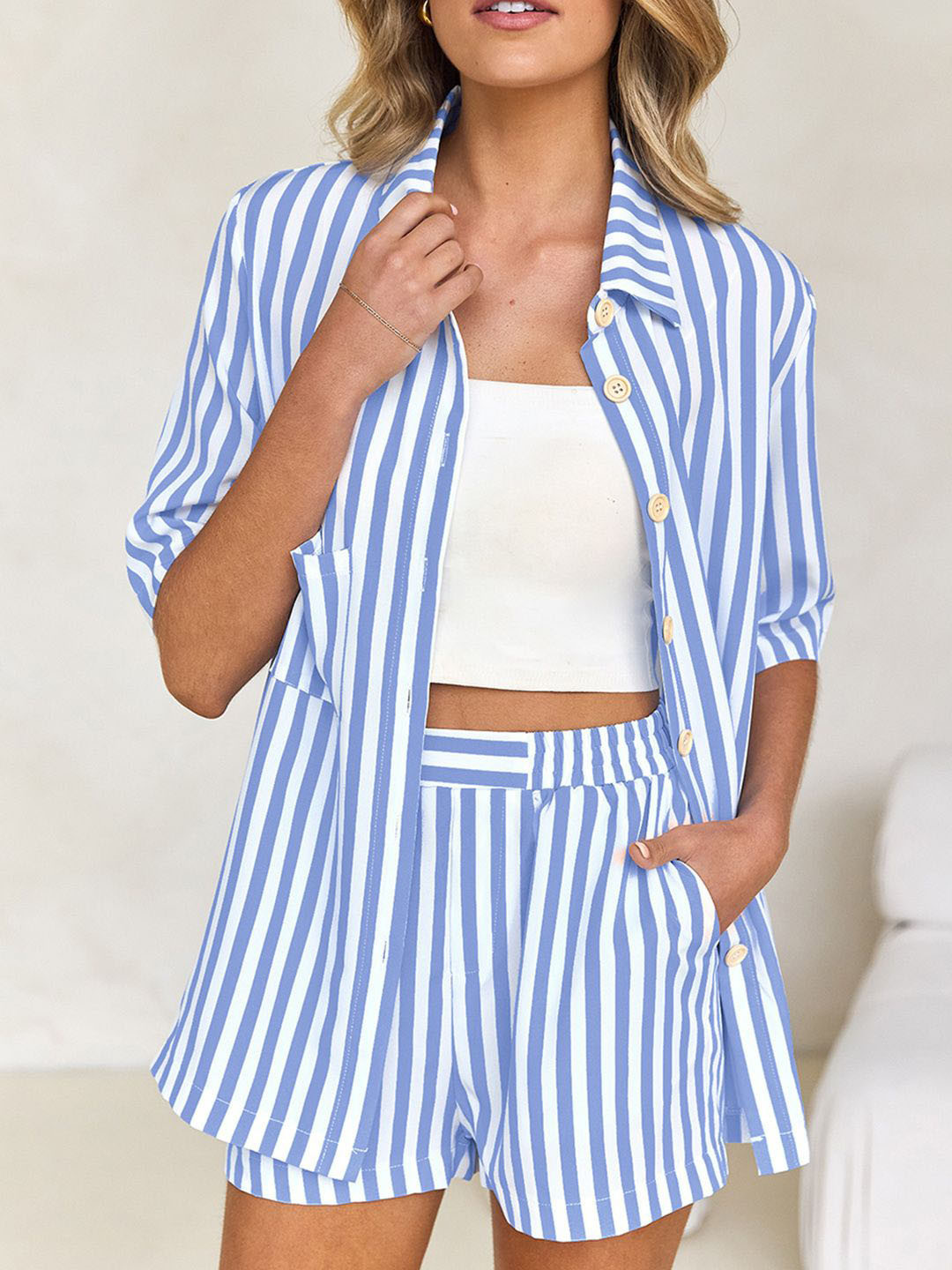 JC Mode Women Striped Collared Neck Short Sleeve Shirt With Short Co-Ords