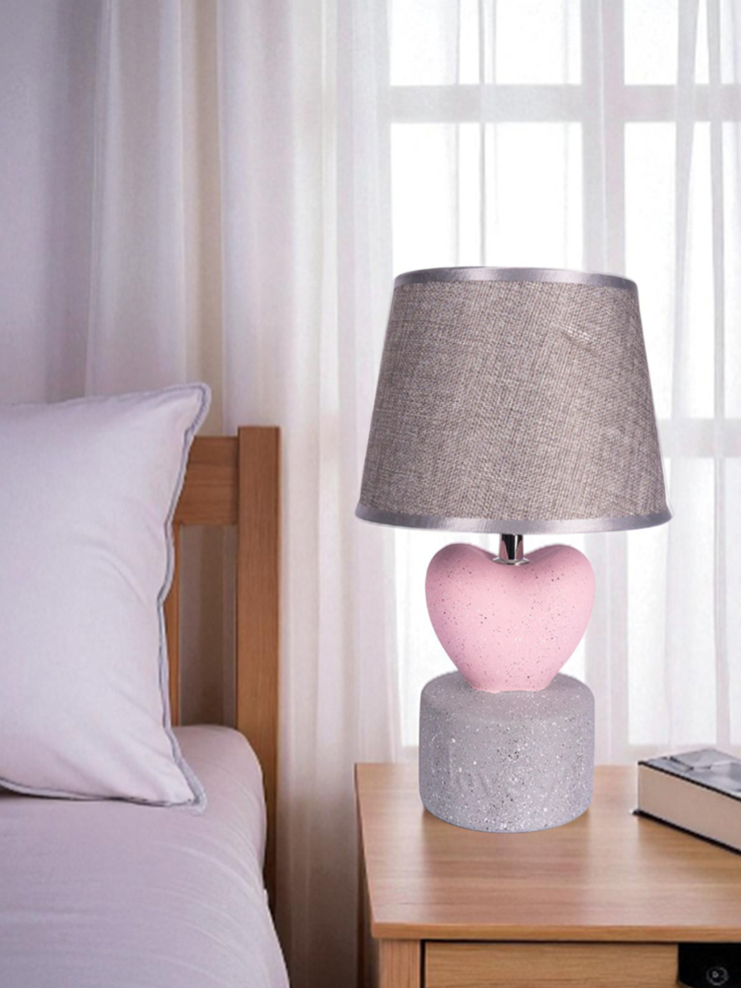 Gray Table Lamp Elegance With Innovative Design  With Jute Textured Lampshade Heart Shaped  Ceramic Base