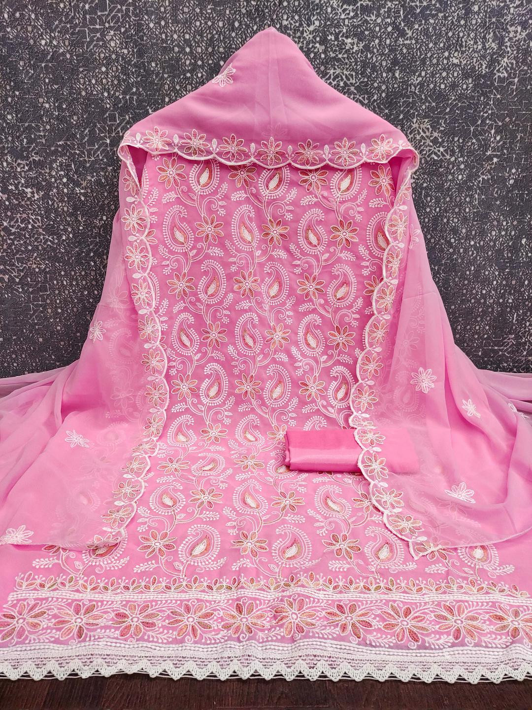 Baby Pink Embroidered Georgette Dress Material with Dupatta  Kalini
