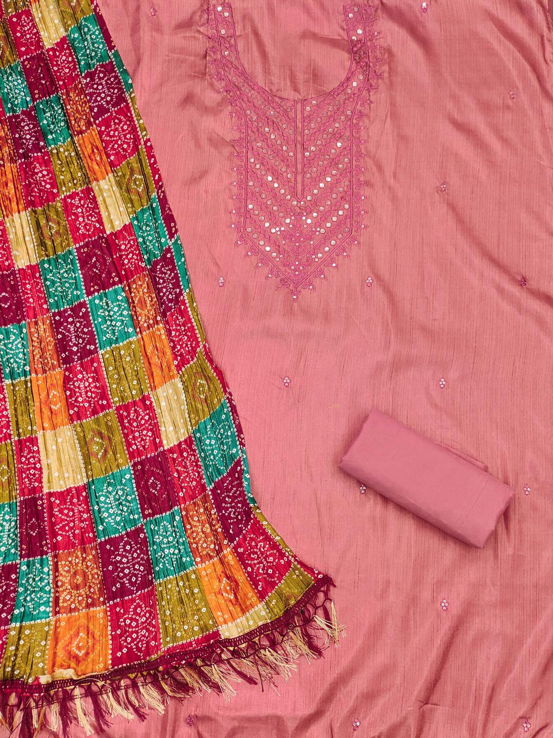 Kalini Women Pink Jalpari Cotton Sequence Unstitched Dress Material with Dupatta