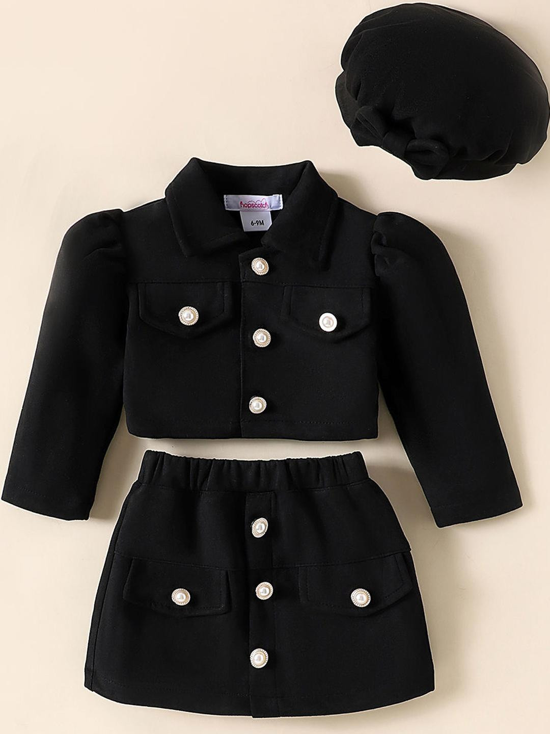Black Solid Jacket and Skirt Set with Cap