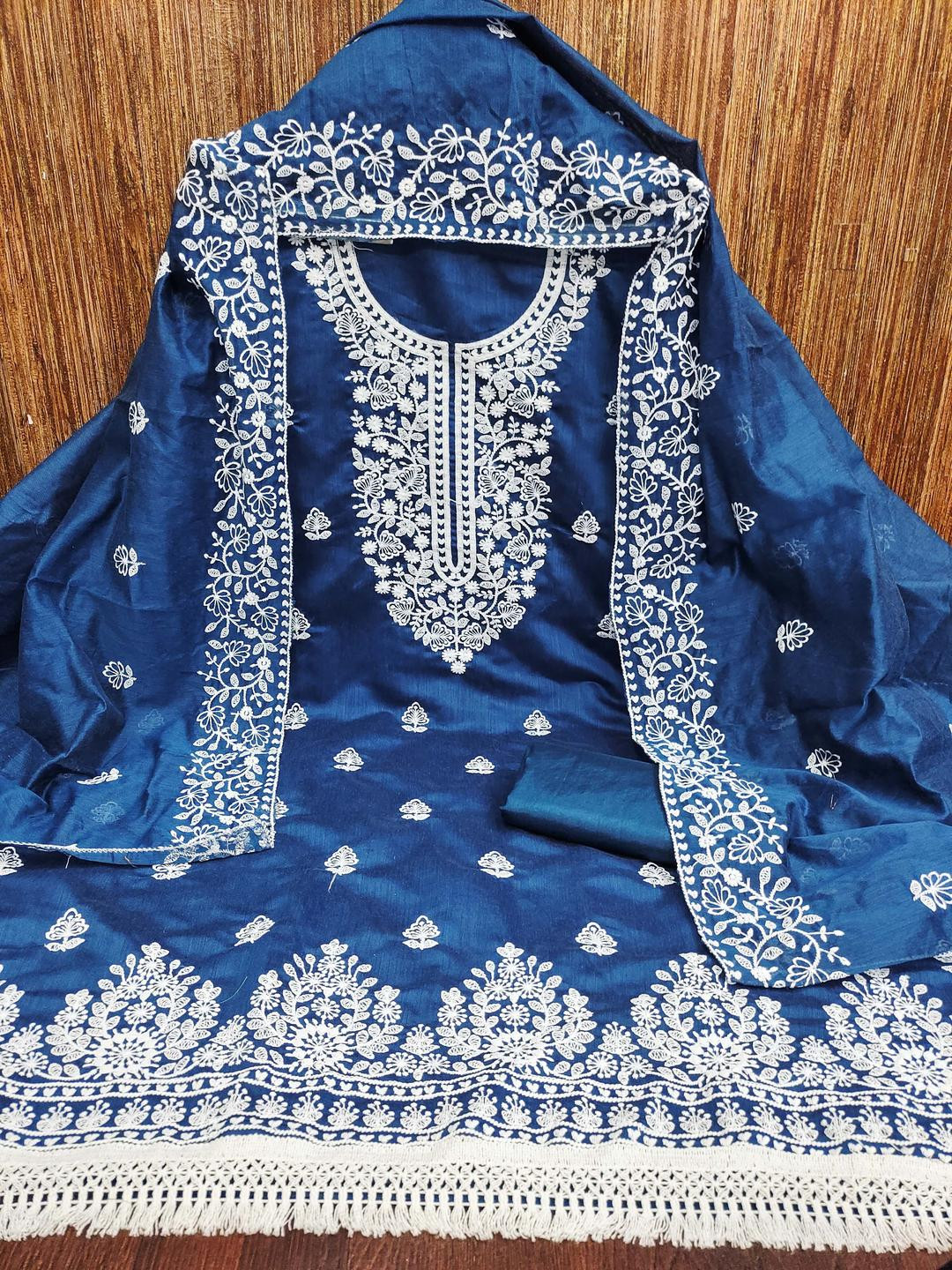 Kalini Women Teal Blue Chanderi Cotton Embroidery Unstitched Dress Material with Dupatta