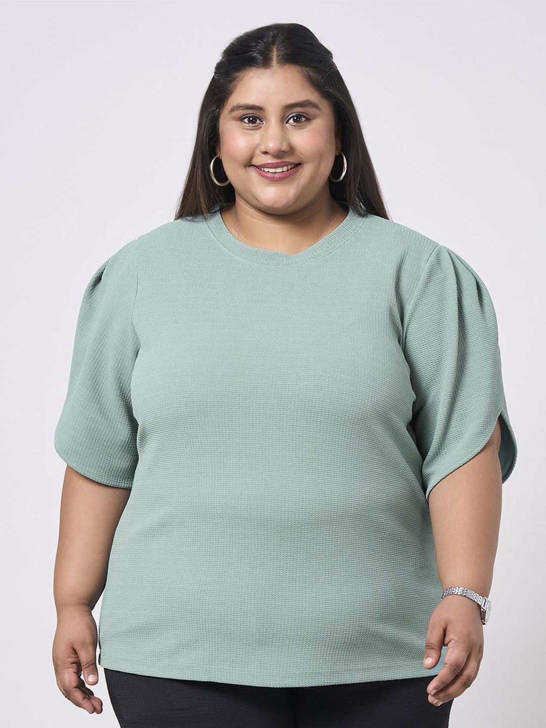 Style Quotient Plus Size Women Self Design Round Neck Slit Sleeve Top