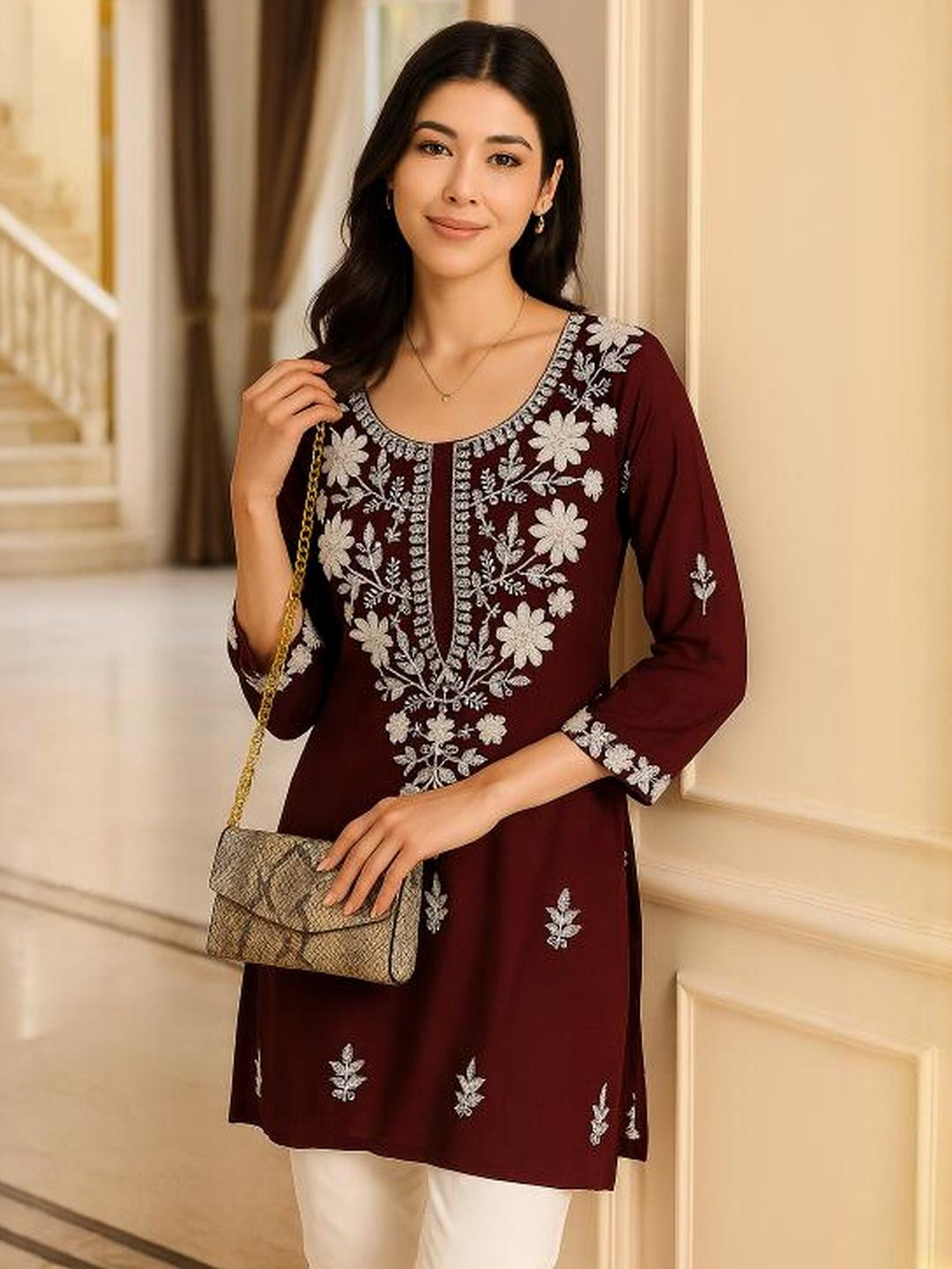 HERE&NOW Women Floral Burgundy Embroidered Chikankari Kurti