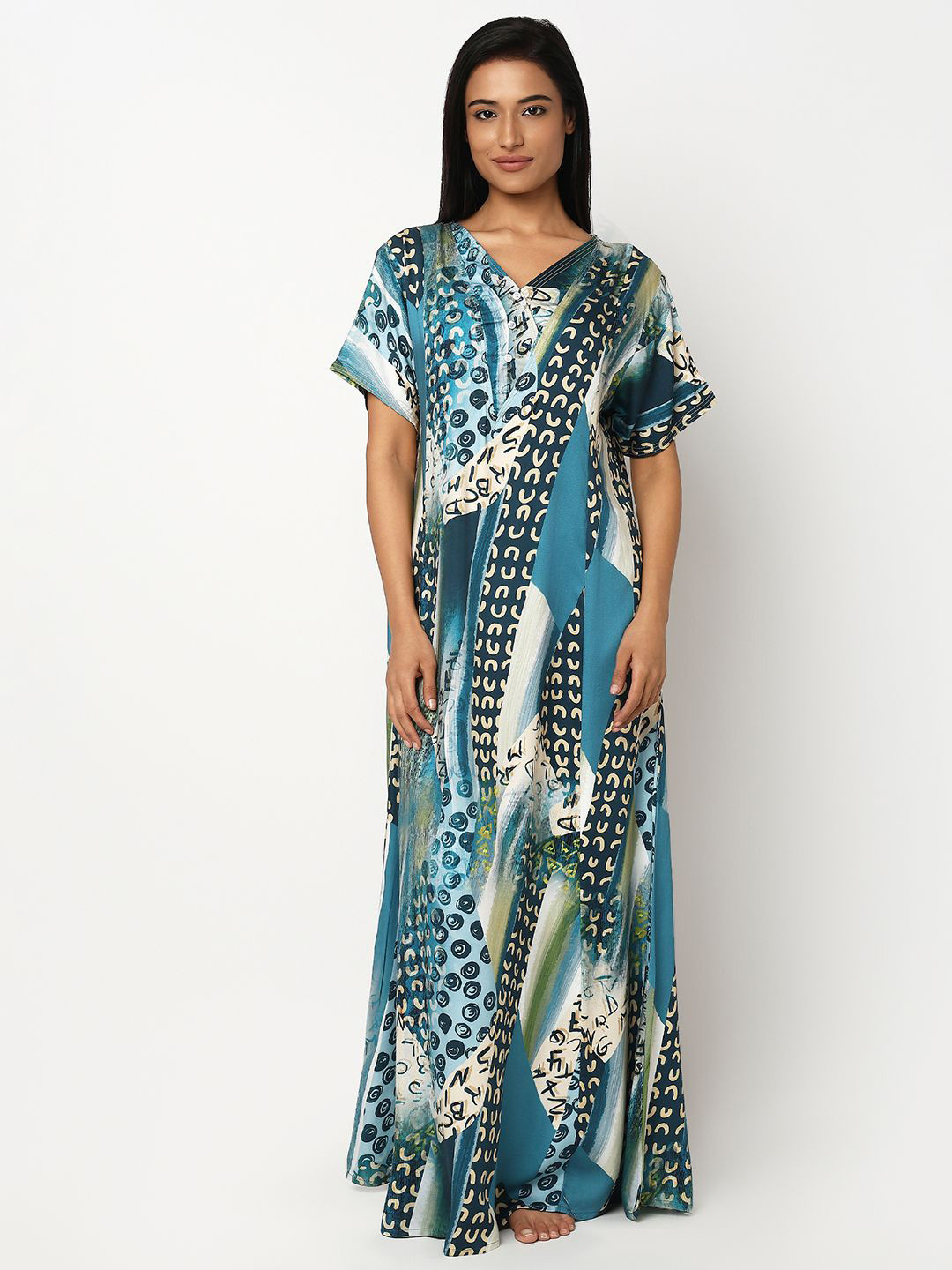 Juliet Abstract Printed Short Sleeves Satin Maxi Nightdress