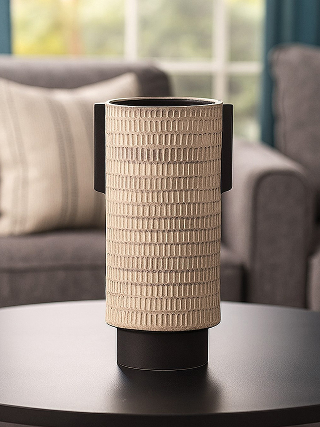 AARVI DECOR STUDIO Beige Matte Finish Ceramic Cylindrical Shaped Vase