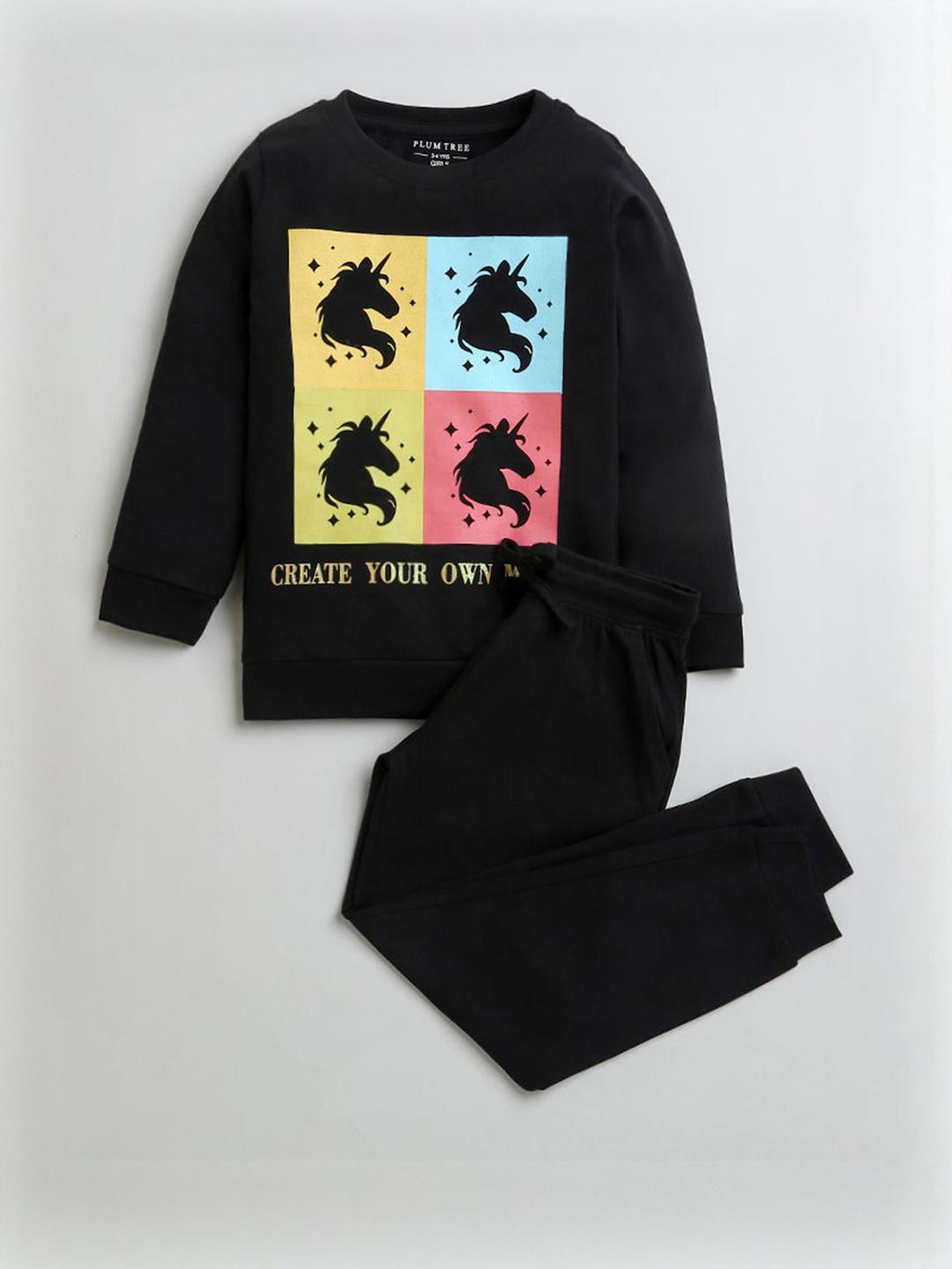 Unicorn Print Glitter Embellished Cotton T-shirt and Jogger Set