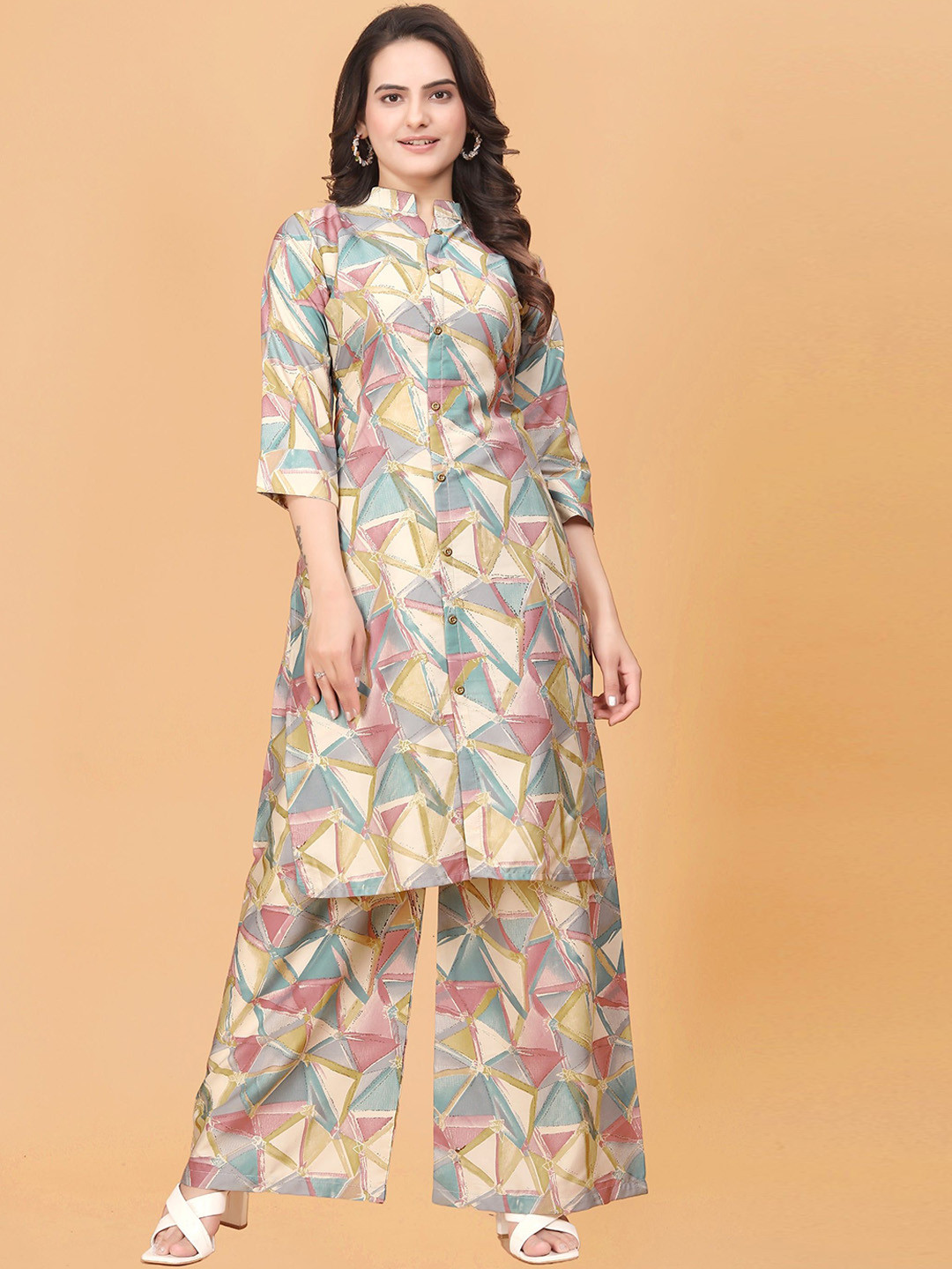 Cotton Printed Kurtis Women Printed Regular Silk Crepe Top with Palazzos