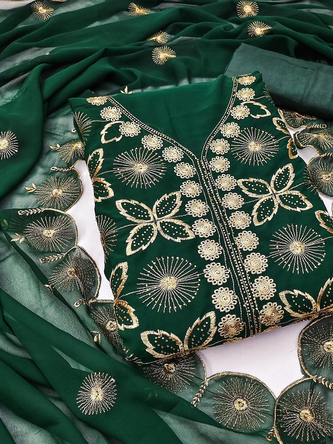 Green Georgette Embroiderd Jari Work Unstitched Dress Material