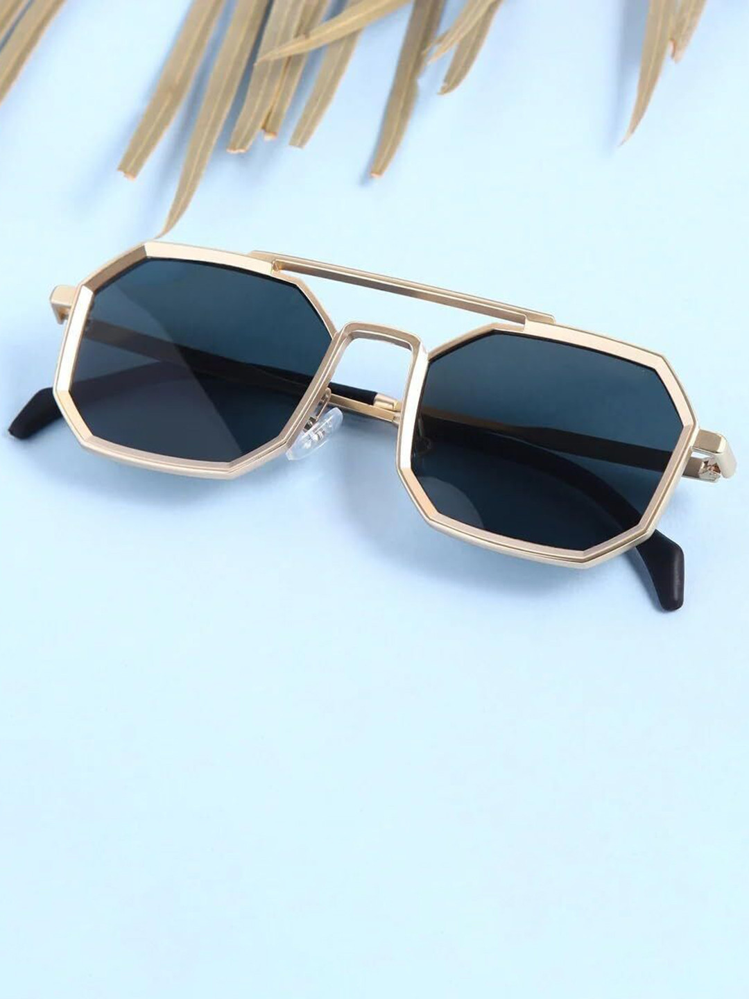 SPADEACES Unisex Full Rim Oval Black Lens & Gold-Toned Rectangle Sunglasses