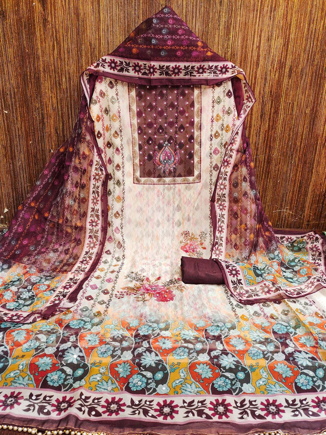 Kalini Multi Colour Organza Printed Dress Material with Dupatta for Women