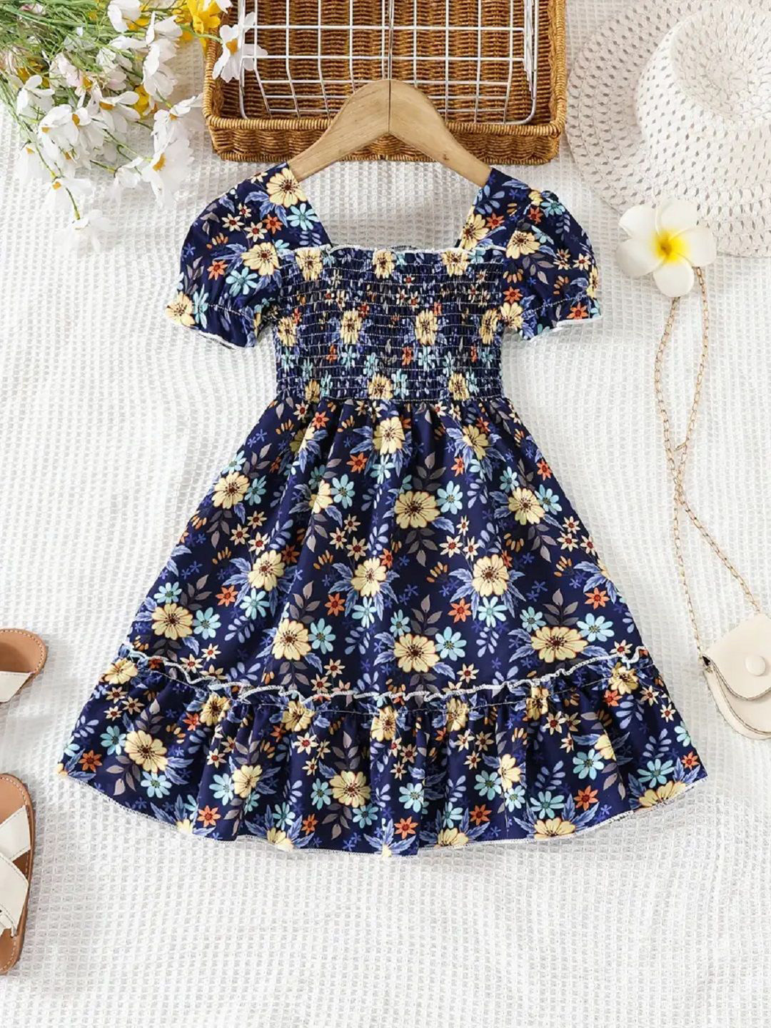 Miss & Chief Girls Floral Printed Puff Sleeve Smocked Detail Fit & Flare Dress