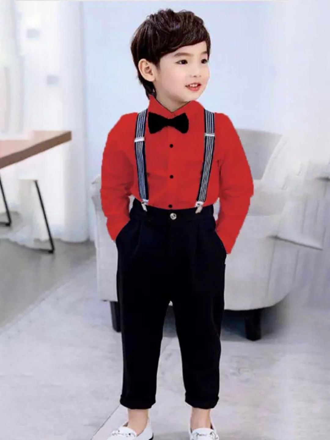NIDHAR CREATION Boys Shirt Collar Pure Cotton Shirt With Trousers & Suspenders