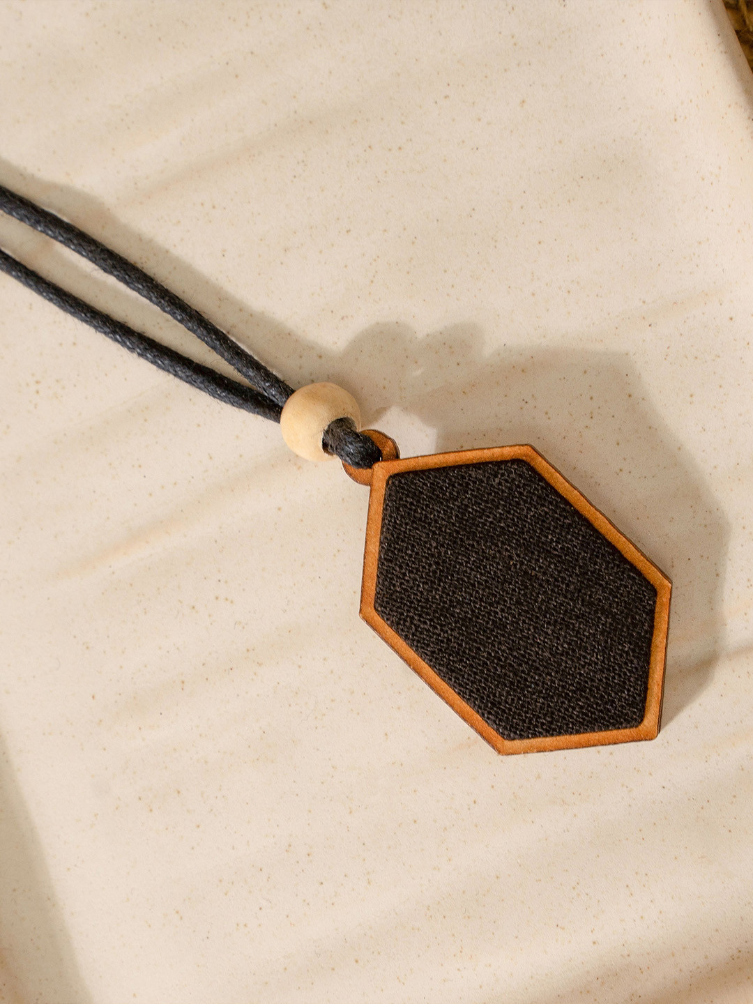 WHE Unisex Black Repurposed Fabric and Wood Pendant