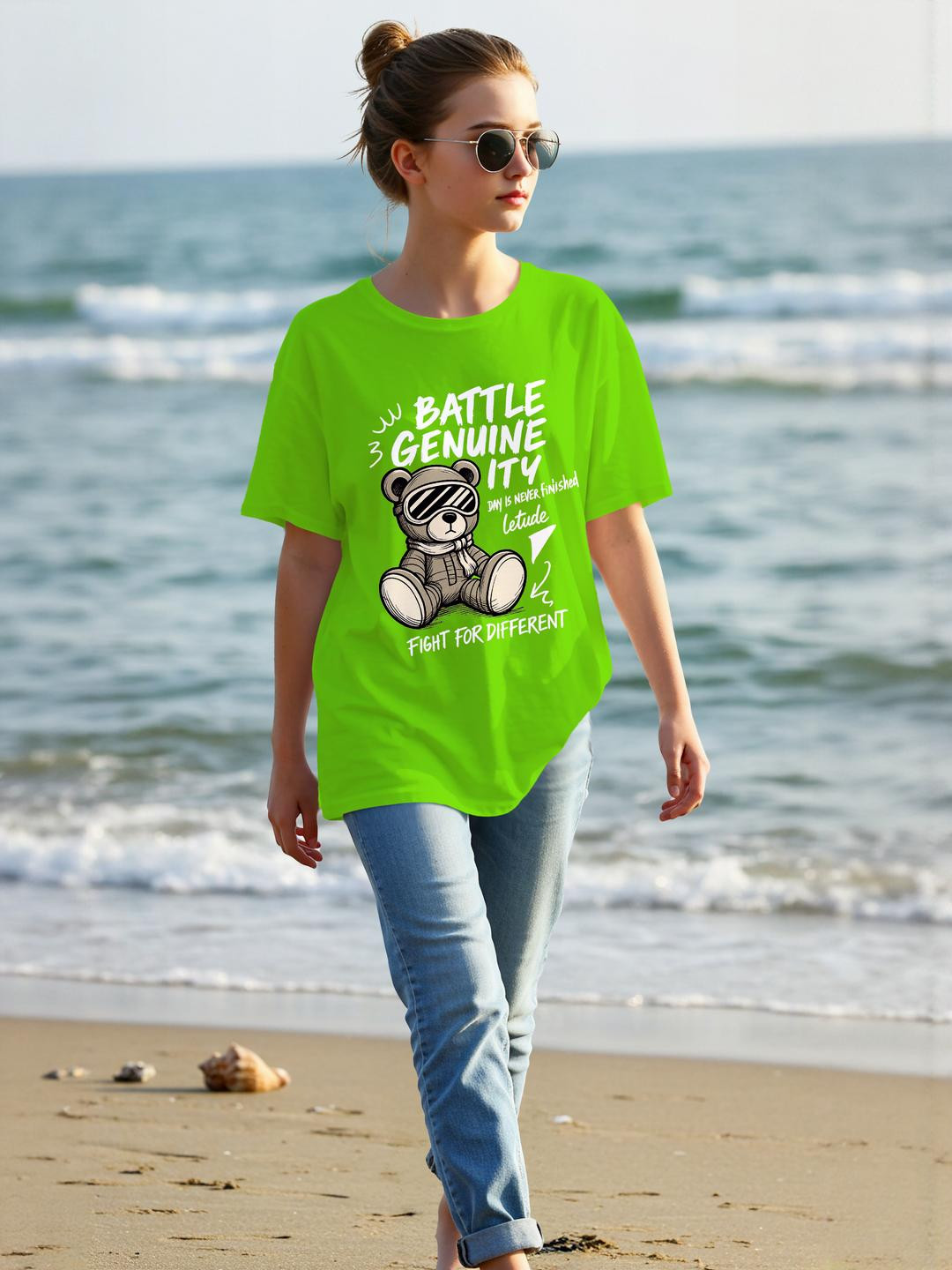 Dagcros Womens Oversized Battle Genuine-ity Teddy Graphic T-Shirt