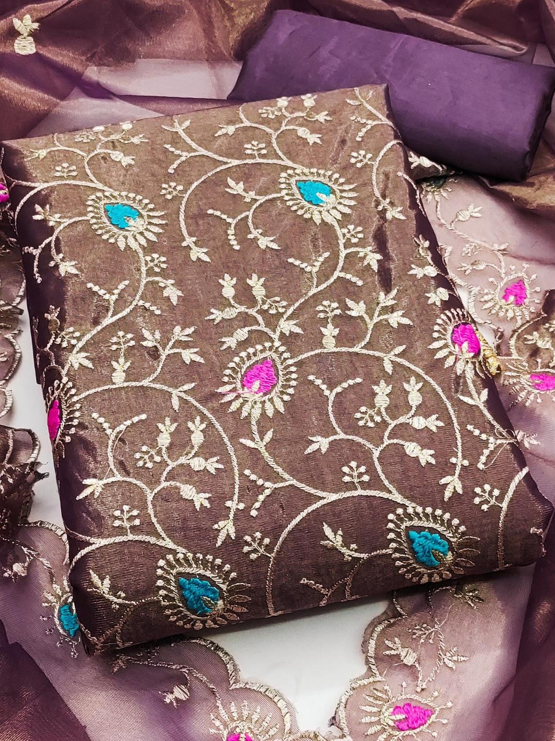 Kalini Women Voilet Twill Silk Embroidery Unstitched Dress Material with Dupatta