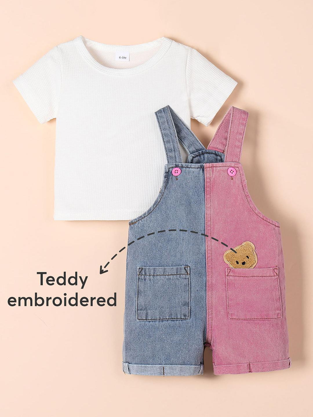 2-Pc Colourblock Dungaree & T-shirt