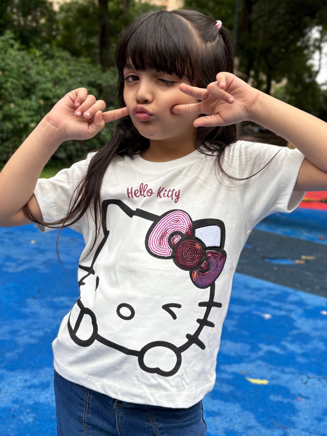 Nap Chief Girls Hello Kitty Sequin Bow Printed Pure Cotton T-shirt