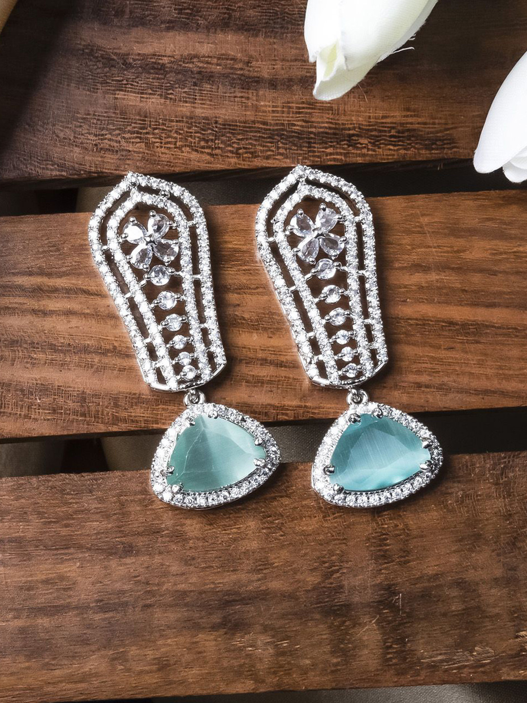 StileAdda Silver-Plated American Diamond And CZ Studded Triangular Shaped Drop Earrings