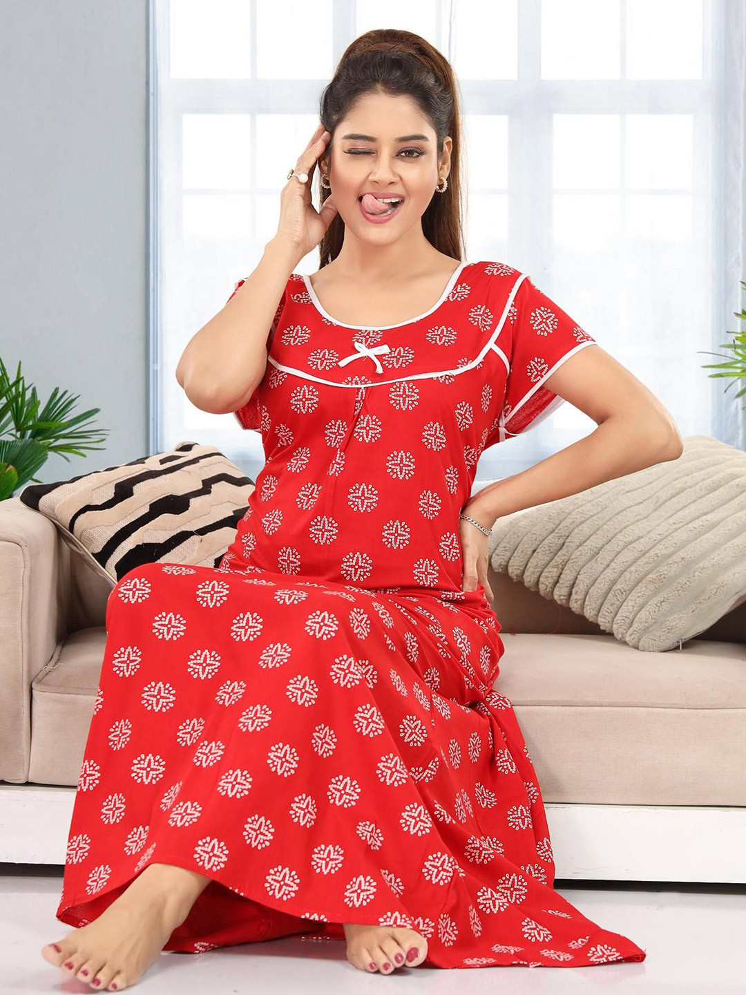 NIGHTY KING Bandhani Printed Short Sleeves Pure Cotton Maxi Nightdress